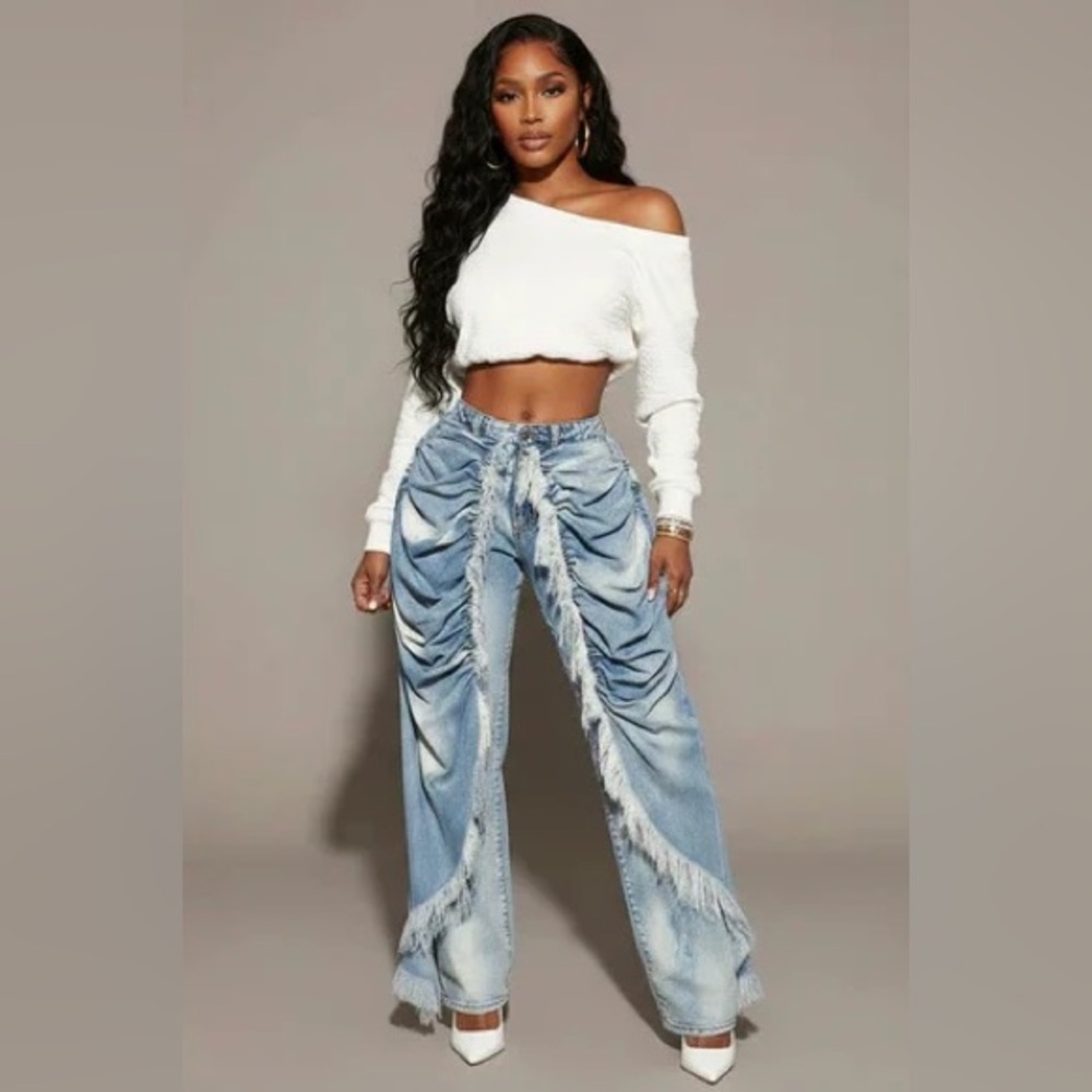 Stylish High Waist Stretch Drapped Blue Frayed Women's Jeans